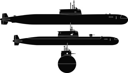 Submarine silhouette vector set, black white clipart of naval military underwater vessel designs missile tubes periscope, marine illustration artwork bundle © MdMahmudul