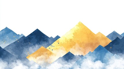 Abstract Watercolor Mountains Landscape Golden Blue