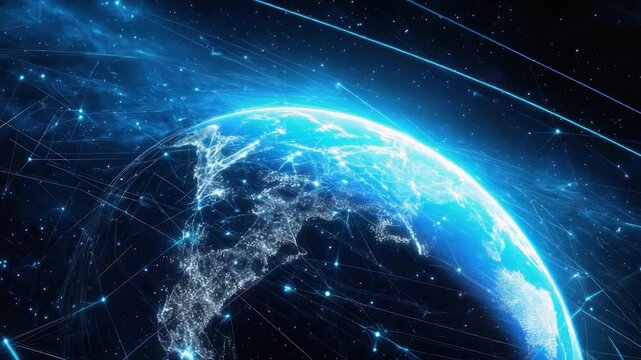 A luminous blue-toned image depicts planet Earth, interwoven with glowing lines and points in the cosmos