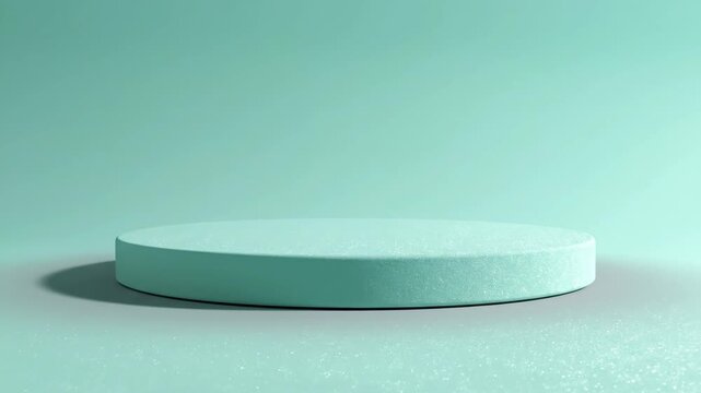 A minimalist round teal stage stands empty against a solid teal background The stage casts a soft shadow creating a clean and modern presentation space
