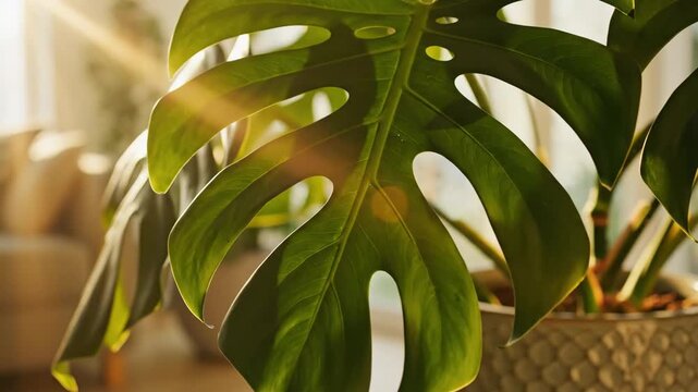 Large green monstera leaves unfurl catching warm sunlight a tropical plant bringing natural beauty indoors in a woven pot enhancing home decor