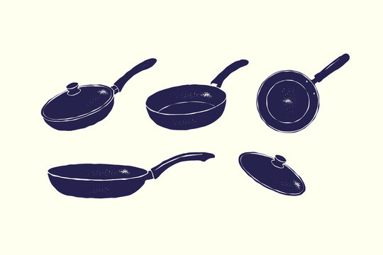 Vintage frying pan and cookware vector illustration set. Different pan angles and lid variations in silhouette textured vintage ink details style, isolated on white background