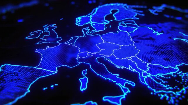 A neon-blue illuminated map of Europe displayed against a dark background, with a subtle dot texture