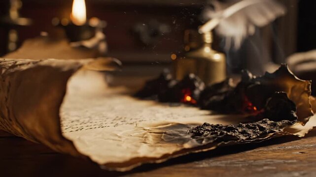 A close up view of an old parchment scroll with burnt edges A quill pen rests beside an inkwell hinting at historical writing and creative pursuits