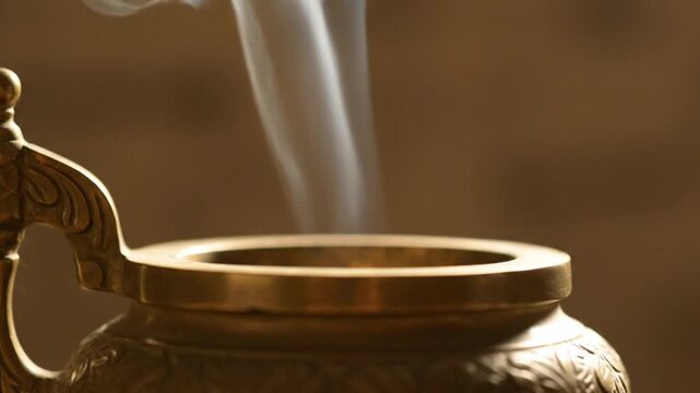Close-up of an ornate incense burner bokor emitting smoke