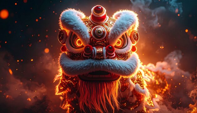 The lion dance head is stunningly detailed. Its eyes glow brightly. The light background gives a magical impression of good fortune and prosperity in Chinese culture.