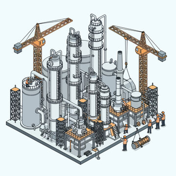 Industrial Factory with Workers and Cranes.