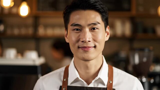A friendly young asian man wearing a brown apron smiles warmly while working in a coffee shop or cafe likely as a barista serving customers