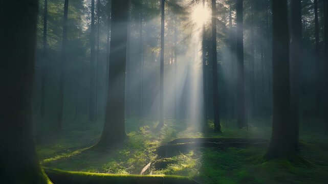 Forest sunlight rays through trees slow cinematic motion.