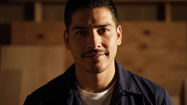 A man in a dark shirt looks to the side as sunlight illuminates his face He is in a workshop with wooden panels in the background