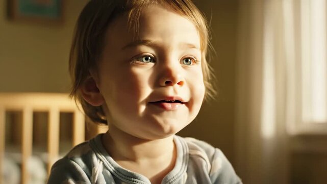 A close up of a young child s face as they gaze downwards bathed in warm sunlight Their eyes are partially closed conveying a sense of gentle contemplation or drowsiness