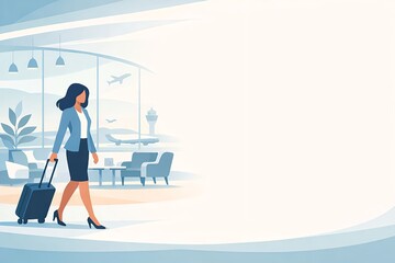 Obraz premium 空港ターミナルを歩くビジネスウーマン｜出張・旅行イメージのモダンなビジネス背景