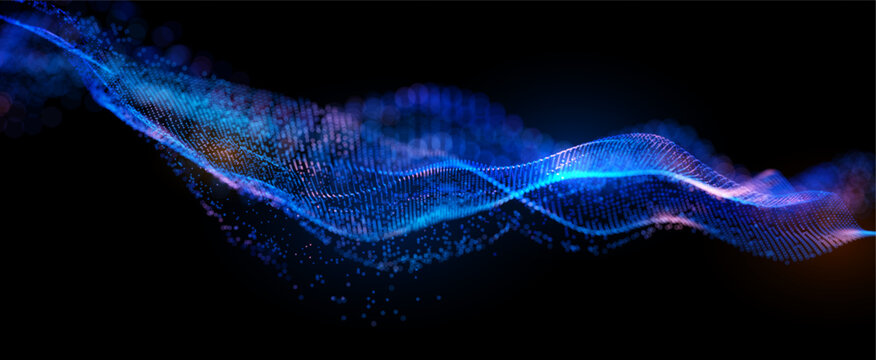 Abstract futuristic wave of glowing particles symbolizing data flow, artificial intelligence and digital technology. Dynamic lines form a modern vector background for tech, AI, fintech, analytics