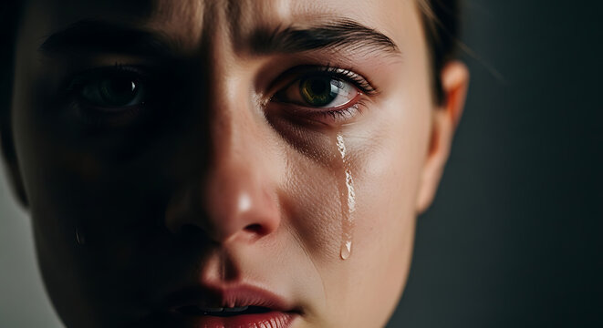 Woman crying with tears streaming down her face in sorrow.