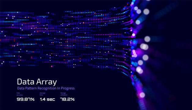 Futuristic data array visualization with flowing particle waves and digital interface representing big data analysis, pattern recognition, artificial intelligence, machine learning vector background