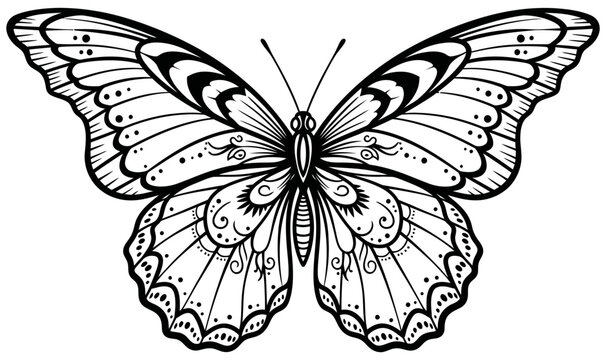 Detailed black and white illustration of a monarch butterfly with intricate patterns on its wings, showcasing its delicate beauty and the complexity of nature's design
