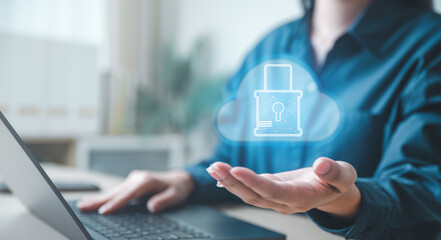 Cloud security concept with padlock icon representing data protection, privacy, and secure access...