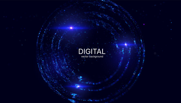 Futuristic digital glowing particles data circle with decentralized network concept representing distributed system blockchain technology, innovation and next generation connectivity vector background