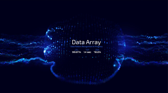 Futuristic data array visualization with flowing particle waves and digital interface representing big data analysis, pattern recognition, artificial intelligence, machine learning vector background