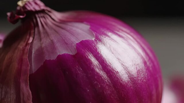 A close up shot of a vibrant red onion shows its layered skin and textured surface This staple ingredient hints at culinary adventures