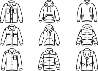 Men's and women's jacket icons collection, hoodies, puffer coats, casual outerwear line art, winter jackets, blazer and zip-up silhouettes set ©  Alexander Creations