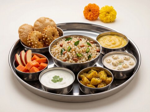 Navratri Special Traditional Indian Fasting Thali with Sabudana Khichdi and Vada