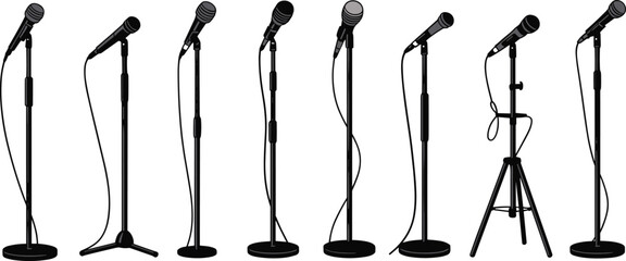 Microphone stand vector set, stage and studio vocal mic stands with cables for music performance and audio recording ©  Alexander Creations