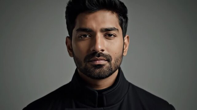 A distinguished man with dark hair and beard gazes forward with a serious yet approachable expression He wears a dark collared jacket against a plain grey backdrop