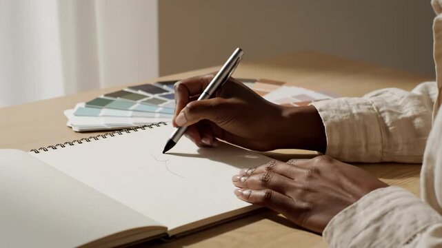 A person s hands are focused on writing in a notebook with a pen A color chart is visible in the background suggesting creative work or planning