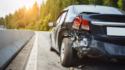 Damaged black car with crushed rear side panel parked on highway shoulder near concrete barrier, hazard lights activated, surrounded by lush green trees and warm sunlight