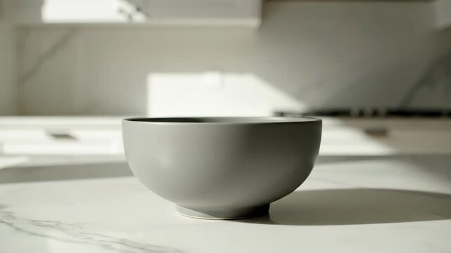 A simple gray bowl sits on a clean white marble countertop near a kitchen backsplash with soft natural light creating shadows and highlights