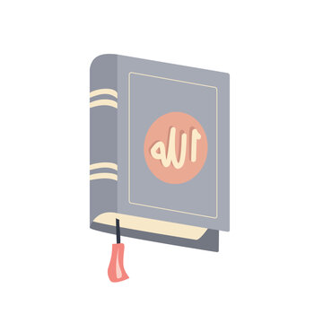 Flat Style Quran Holy Book Illustration. Simple Quran Icon with Decorative Detail. Islamic Book Graphic. Quran with Arabic Calligraphy. 