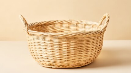 Obraz premium Woven wicker laundry basket with handles placed on a light-colored surface against a soft beige background, ideal for organizing clothes and household items