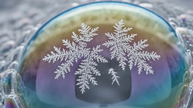 Close-up of a frozen bubble with intricate natural snowflake patterns inside.