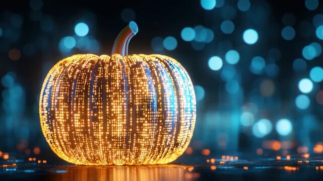 Digitally rendered pumpkin glowing with binary code and bokeh effect background