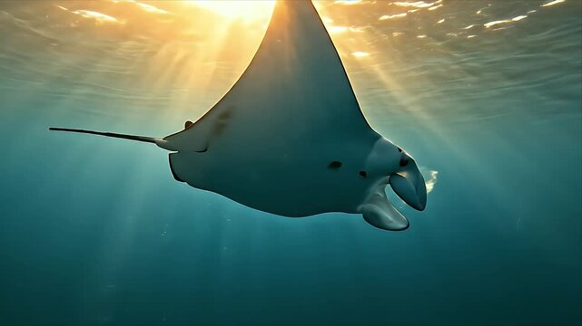 Manta Ray Swimming Under Sunlight in Deep Blue Sea Wildlife Cinematic Motion Marine Life Exploration and Conservation