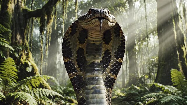 Menacing Cobra Snake with Hood Displayed in Lush Green Forest with Morning Light and Detailed Scales Pattern Close Up