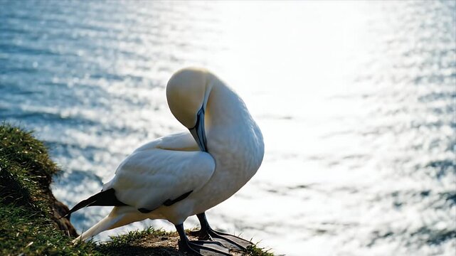 Northern Gannet Standing on Cliffside Overlooking Ocean at Sunset in Coastal Habitat Seabird Wildlife Conservation