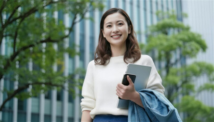 新緑のオフィス街をパソコンを抱え立つビジネス女性