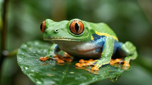 Red Eyed Tree Frog Agalychnis Callidryas on Green Leaf in Tropical Rainforest Habitat Close Up Wildlife Costa Rica