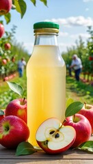 Fresh Apple Cider Bottle On Wooden Surface In Orchard Setting