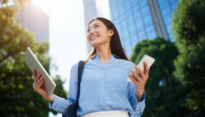 青空の下でタブレットとスマートフォンを持ち見上げるビジネス女性