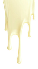 Viscous, glossy, thick creamy white liquid drips slowly downwards against a dark background
