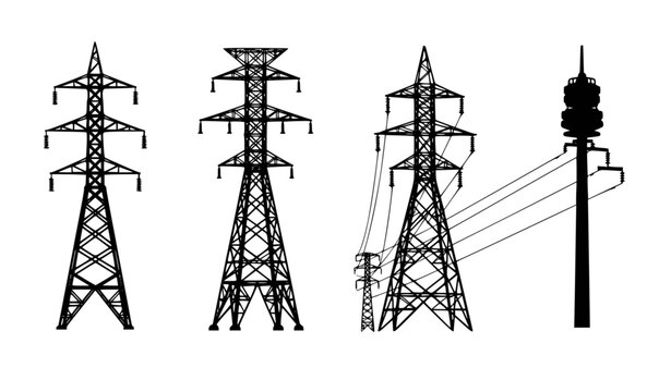 Electricity Transmission Towers and Pylons Set Against White Background