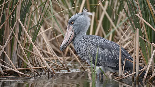 Shoebill Stork Standing in Water Among Tall Grasses Close Up Shot of Rare Bird in Natural Habitat for Ornithology