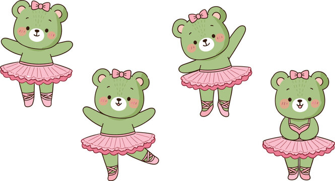 Cute ballerina bear character set dancing in different poses sweet cartoon animal vector illustration isolated on white