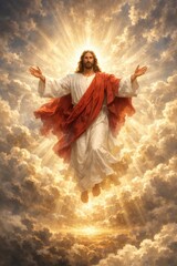 Naklejka premium Jesus ascends to heaven in golden light and radiant clouds surrounded by angels symbolizing Easter glory