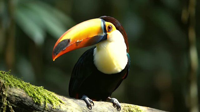 Toco Toucan on Mossy Branch in Jungle Ambience with Bokeh Sunlight Natural Habitat Wildlife Conservation Exotic Bird