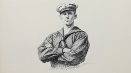 Obraz premium Graphite sketch of serious young sailor standing with crossed arms wearing classic uniform and peaked cap