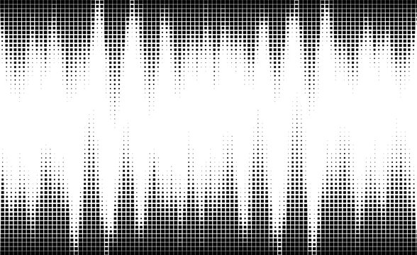 Abstract black and white halftone square grid background with smooth gradient fade. Modern geometric pixel pattern digital design for posters, overlays, and contemporary layouts.